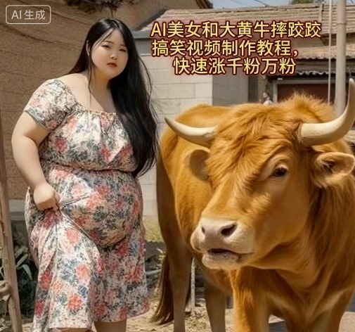 AI美女和大黄牛摔跤搞笑荒诞视频制作教程，快速涨千粉万粉-鼎铸网