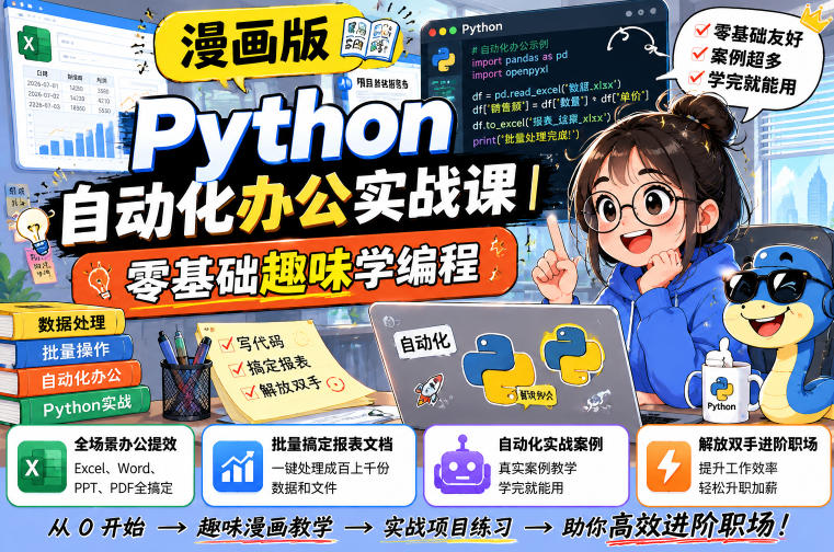 漫画版Python自动化办公实战课|零基础趣味学编程,全场景办公提效、批量搞定报表文档、解放双手进阶职场-鼎铸网