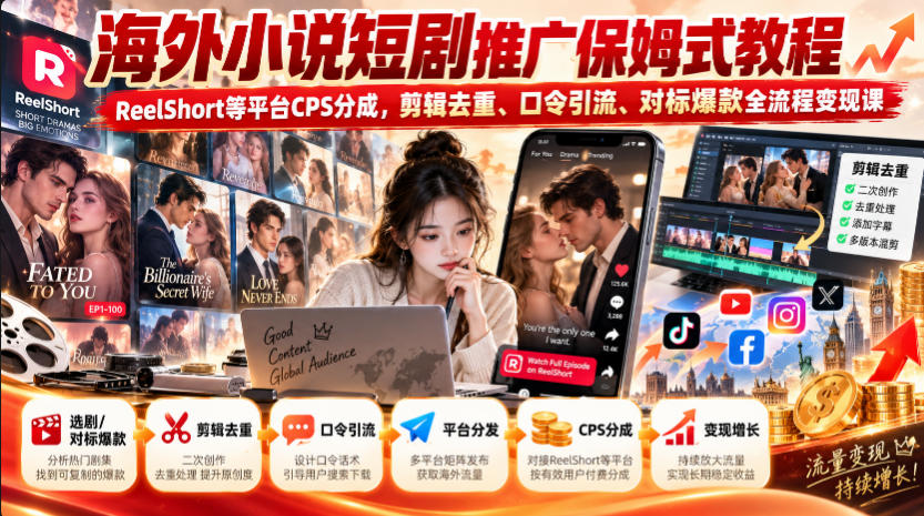 e20754f9be00220cb493c442f0123610.jpeg 海外小说短剧推广保姆式教程|ReelShort等平台CPS分成,剪辑去重、口令引流、对标爆款全流程变现课