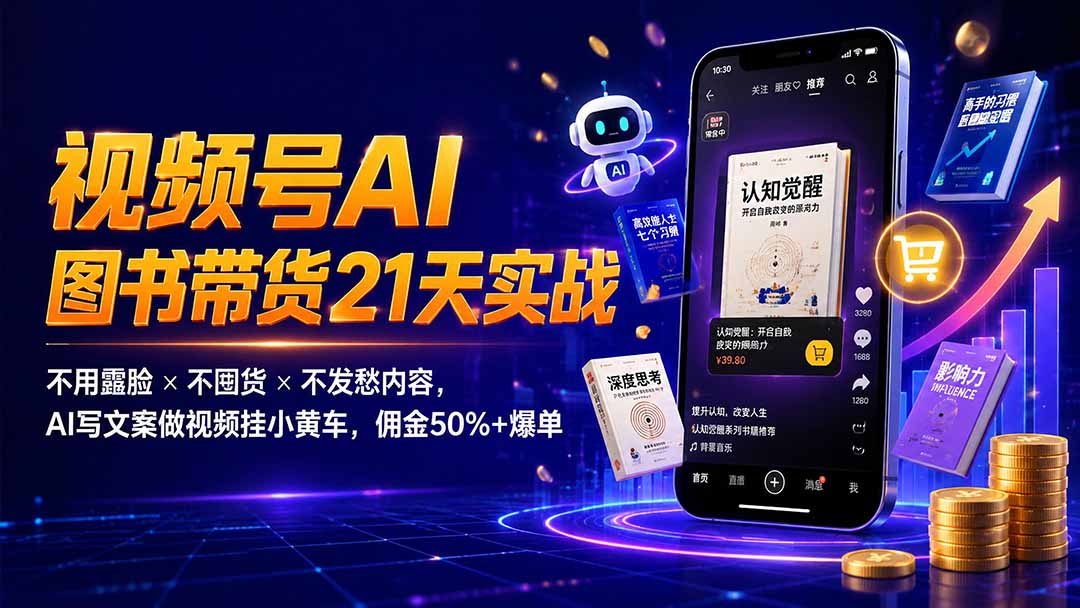 e2f9f486b8d6cf43eb32931ad16198f3.jpeg 繁花视频号AI图书带货21天实战:不用露脸×不囤货×不发愁内容,AI写文案做视频挂小黄车,佣金50%+爆单