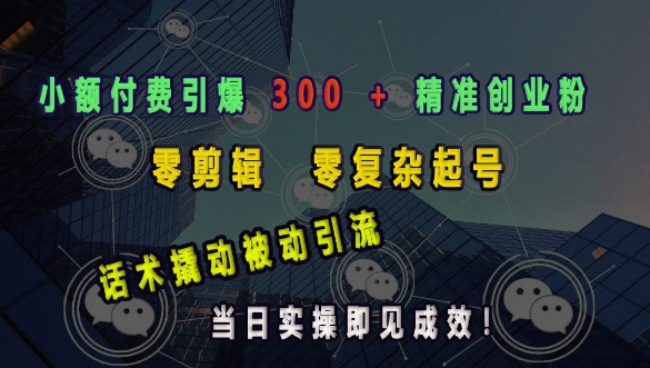 小额付费引爆 300 + 精准创业粉，零剪辑、零复杂起号，话术撬动被动引流，当日实操即见成效-鼎铸网