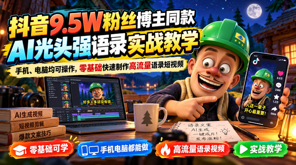 e3bdee168a584e678843b573e043f423.jpeg 抖音9.5W粉丝博主同款AI光头强语录实战教学,手机、电脑均可操作,零基础快速制作高流量语录短视频