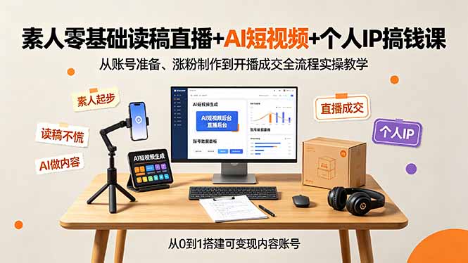 素人零基础读稿直播+AI短视频+个人IP搞钱课，从账号准备、涨粉制作到开播成交全流程实操教学-鼎铸网