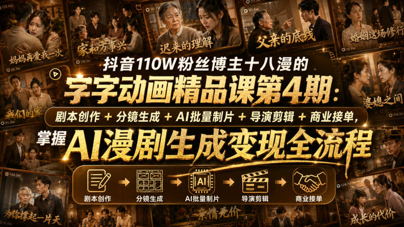 抖音110W粉丝博主十八漫的字字动画精品课第4期：剧本创作+分镜生成+剪辑+商业接单，掌握AI漫剧生成变现全流程-鼎铸网