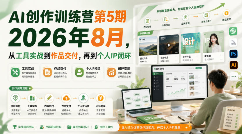 e3efd611470f662dbe64c510b656bb13.jpeg AI创作训练营第5期2026年8月,从工具实战到作品交付,再到个人IP闭环