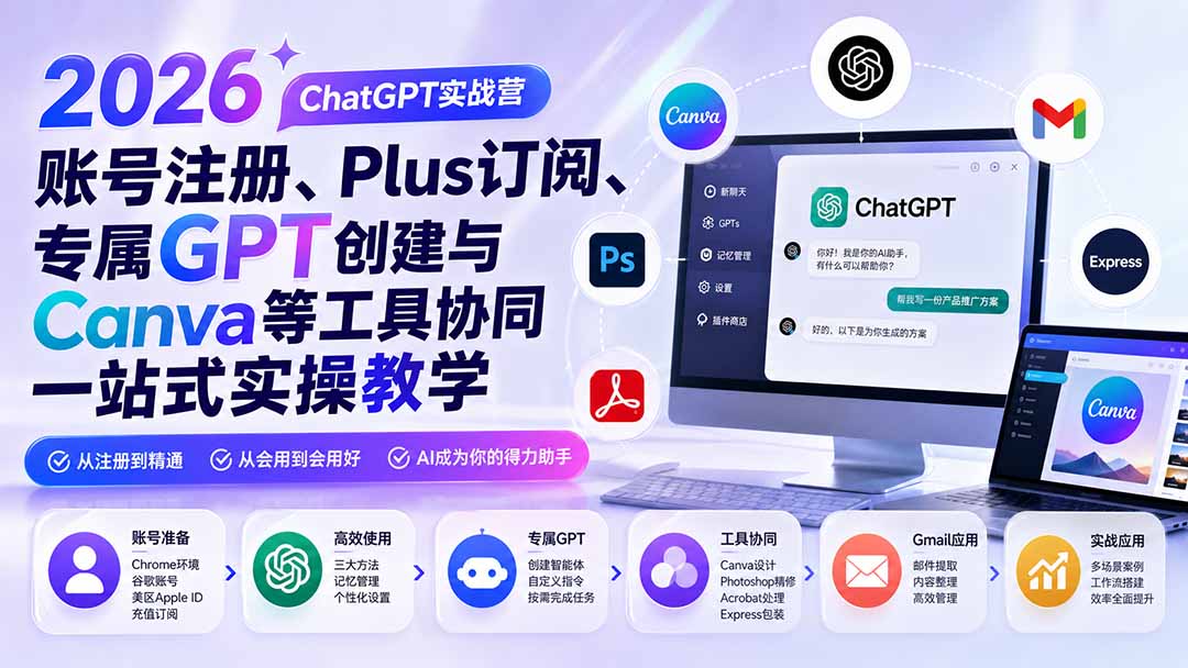 2026 ChatGPT实战营；账号注册、Plus订阅、专属GPT创建与Canva等工具协同一站式实操教学-鼎铸网
