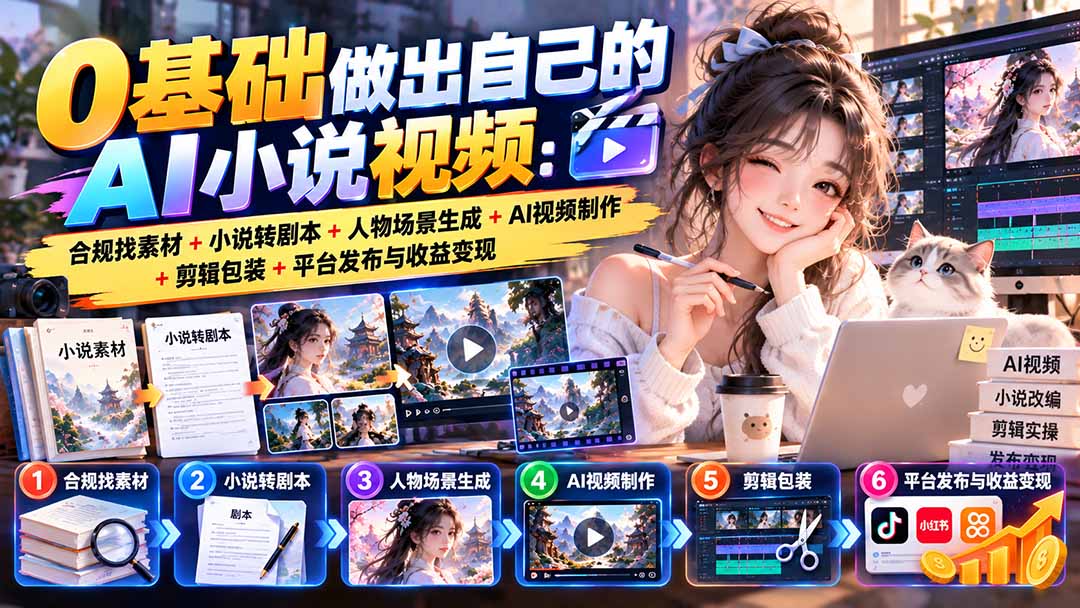 e47c6eea3bb3ab37c8ff33e551e92c9f.jpeg 0基础做出自己的AI小说视频:合规找素材+小说转剧本+人物场景生成+AI视频制作+剪辑包装+平台发布与收益变现