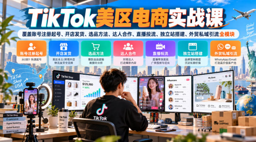 TikTok美区电商实战课，覆盖账号注册起号、开店发货、选品方法、达人合作、直播投流、独立站搭建、外贸私域引流全模块-鼎铸网