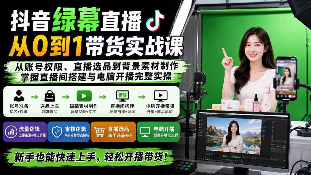 e53dcd487bd7a9e9a2560c5e95301d77.jpeg 抖音绿幕直播从0到1带货实战课:从账号权限、直播选品到背景素材制作,掌握直播间搭建与电脑开播完整实操