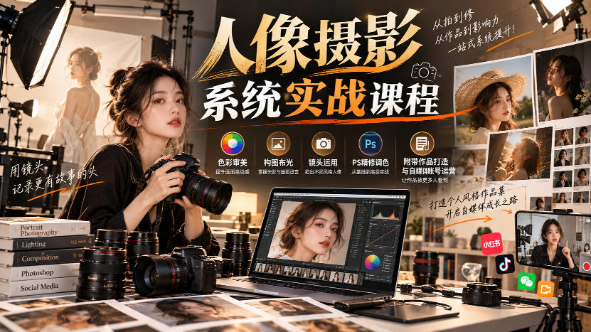 【无水印】人像摄影系统实战课程，色彩审美、构图布光、镜头运用、PS精修调色，附带作品打造与自媒体账号运营-鼎铸网