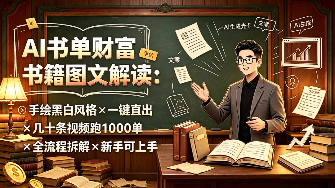 e6afe577dc260f81acf8fe3b4e1dd454.jpeg AI书单财富书籍图文解读:手绘黑白风格×一键直出×几十条视频跑1000单×全流程拆解×新手可上手