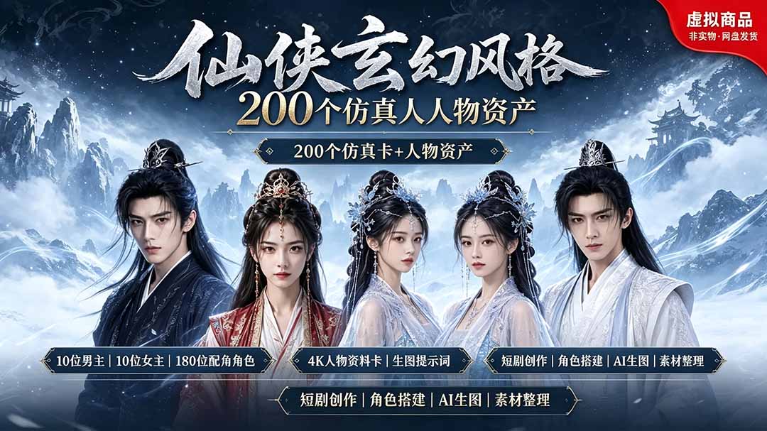 200个仙侠玄幻仿真人素材◆10男主×10女主×180配角，4K资料卡+AI生图提示词，漫剧必备-鼎铸网