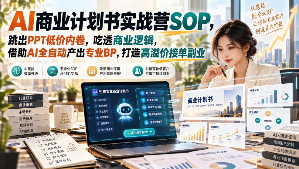 e7682d84353f767bfde39a24a45fb76f.jpeg AI商业计划书实战营SOP,跳出PPT低价内卷,吃透商业逻辑,借助AI全自动产出专业BP,打造高溢价接单副业