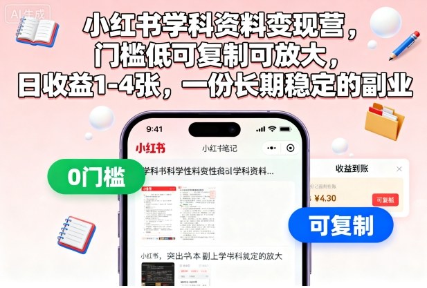 小红书学科资料变现营，门槛低可复制可放大，日收益1-4张，一份长期稳定的副业-鼎铸网