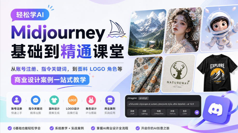 轻松学AI Midjourney基础到精通课堂，从账号注册、指令关键词，到面料LOGO角色等商业设计案例一站式教学-鼎铸网