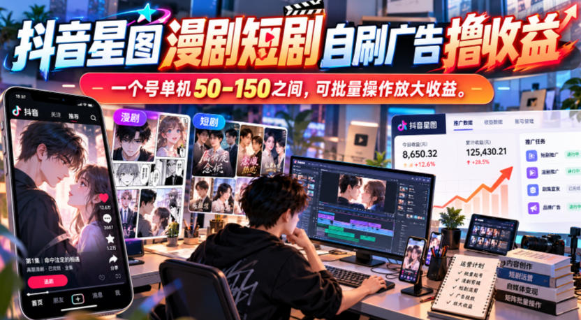 e8134014c7f486560bbc1a74d7181703.jpeg 抖音星图漫剧短剧自刷广告撸收益,一个号单机50-150之间,可批量操作放大收益