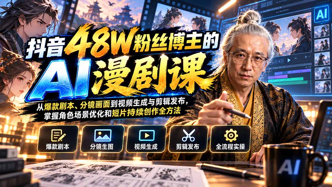 e8e02f2ae593f924e66622f51dcc9534.jpeg 抖音48W粉丝博主的AI漫剧课:从爆款剧本、分镜画面到视频生成与剪辑发布,掌握角色场景优化和短片持续创作全方法