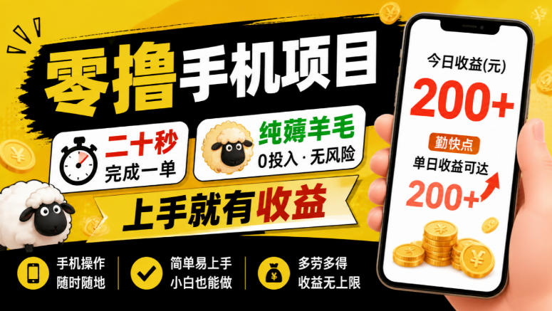 零撸手机项目，二十秒完成一单，纯薅羊毛，上手就有收益，勤快点单日收益可达200+【揭秘】-鼎铸网