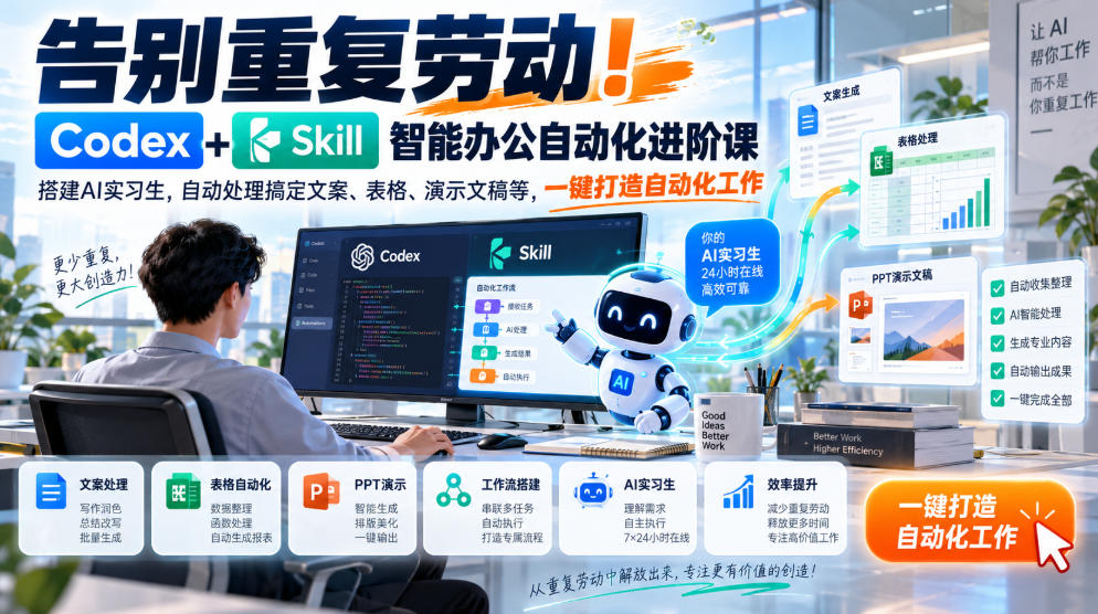 告别重复劳动！Codex+Skill智能办公自动化进阶课｜搭建AI实习生，自动处理搞定文案、表格、演示文稿等，一键打造自动化工作-鼎铸网