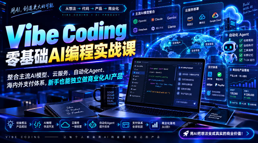 e98e41f3726197f36ee06cad6f16f75d.jpeg Vibe Coding零基础AI编程实战课-无水印,整合主流AI模型、云服务、自动化Agent、海内外支付体系,新手也能独立做商业化AI产品
