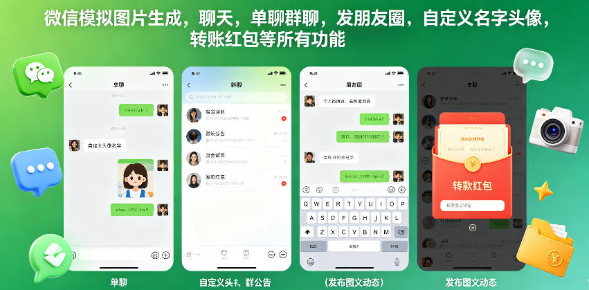 微信模拟图片生成,聊天,单聊群聊,发朋友圈,自定义名字头像,转账红包等所有功能都可以生成-鼎铸网