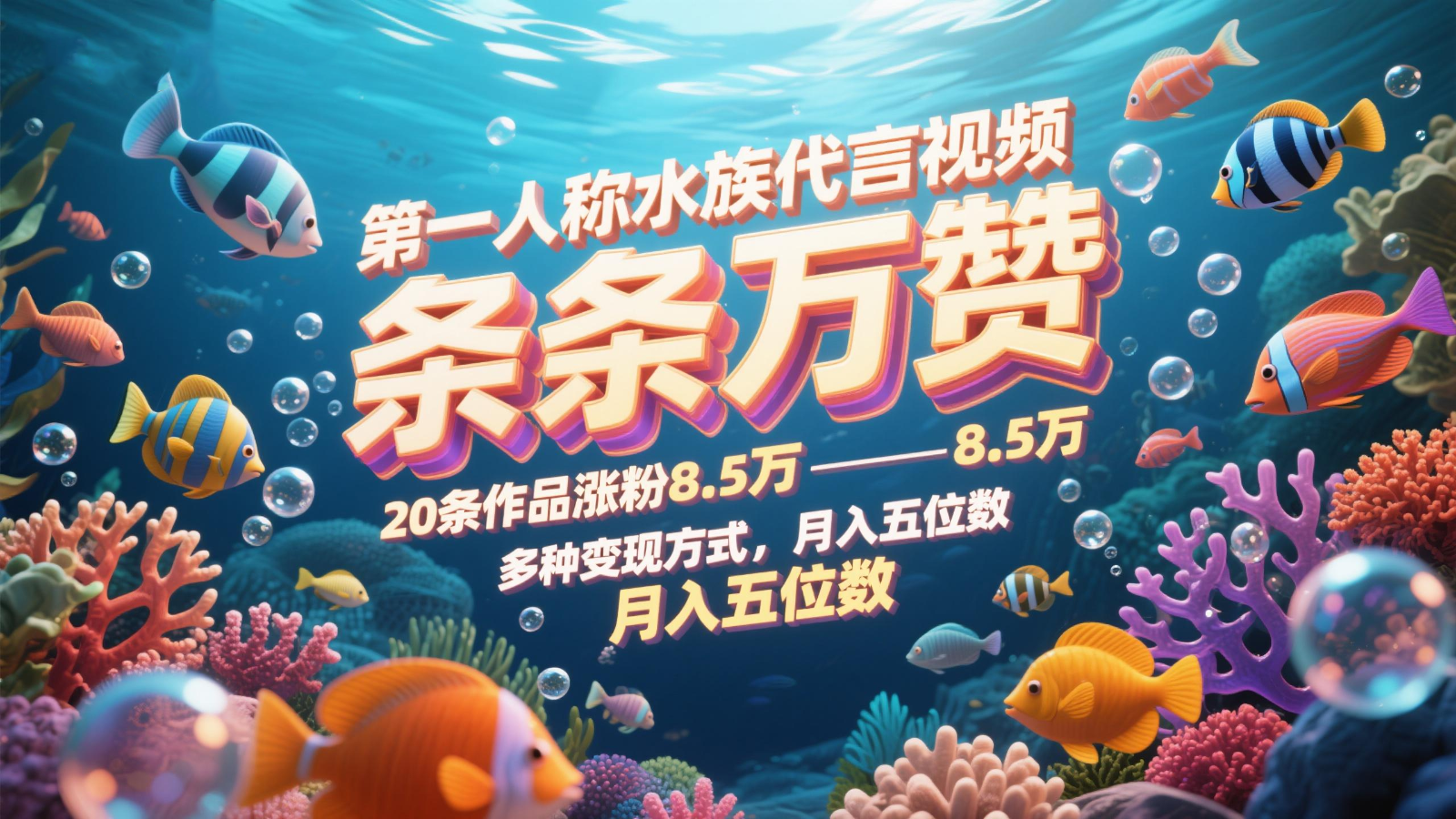 第一人称水族代言视频,条条万赞,20条作品涨粉8.5万,多种变现方式月,入五位数-鼎铸网