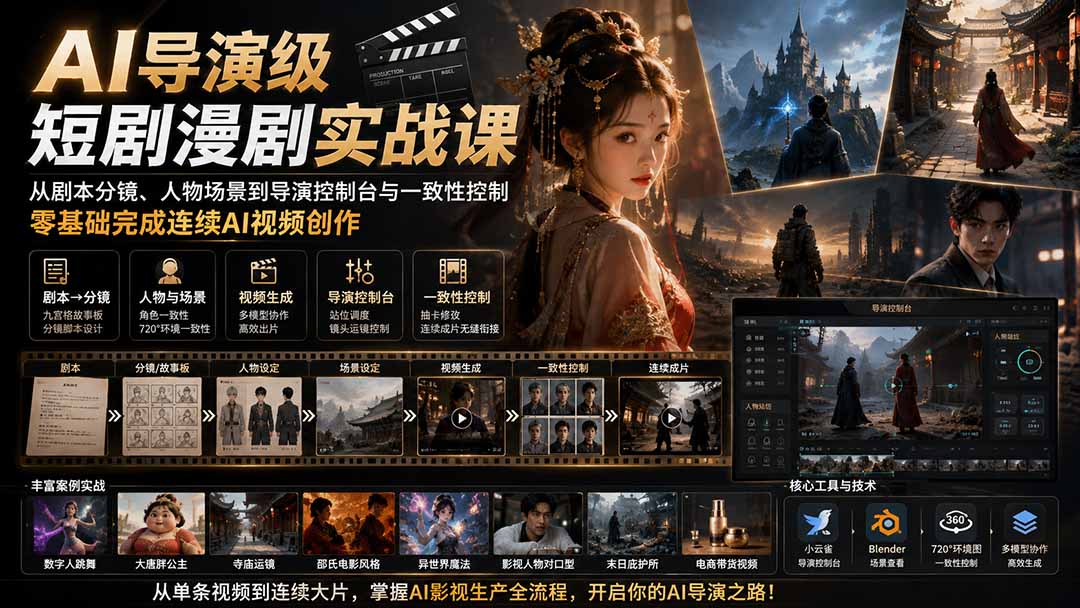 eb0d590e7c7c356a24c15c2e07894f30.jpeg AI导演级短剧漫剧实战课:从剧本分镜、人物场景到导演控制台与一致性控制,零基础完成连续AI视频创作 (更新