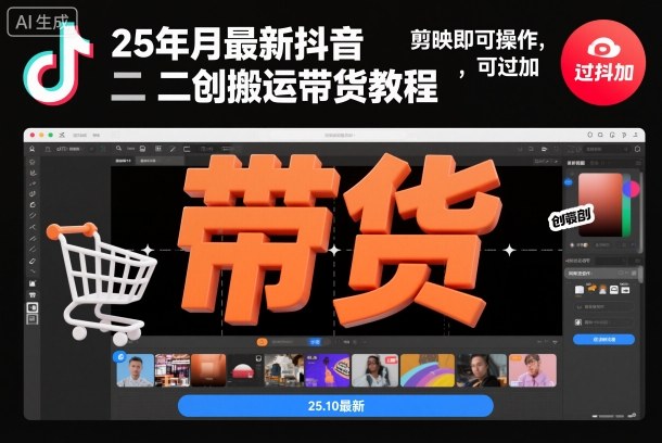 25年10月最新抖音二创搬运带货教程,剪映即可操作,可过抖加-鼎铸网