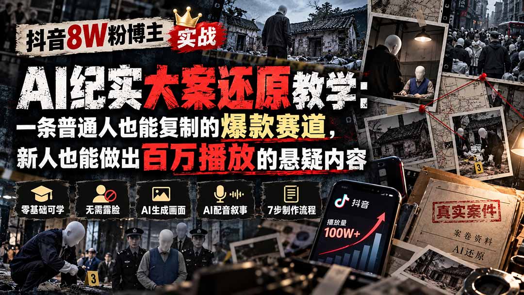 eb4f48e65fafd4e56c3200d5dc6aaf59.jpeg 抖音8W粉博主AI纪实大案还原教学:一条普通人也能复制的爆款赛道,新人也能做出百万播放的悬疑内容