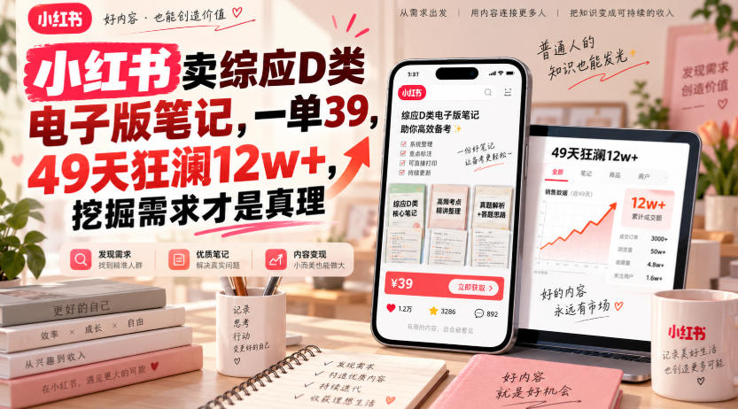 小红书卖综应D类电子版笔记，一单39，49天狂澜12w+，挖掘需求才是真理-鼎铸网