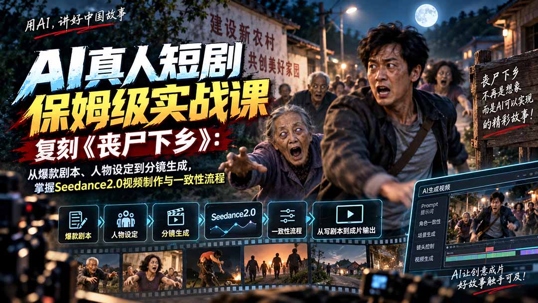 AI真人短剧保姆级实战课，复刻《丧尸下乡》：从爆款剧本、人物设定到分镜生成，掌握Seedance2.0视频制作与一致性流程-鼎铸网
