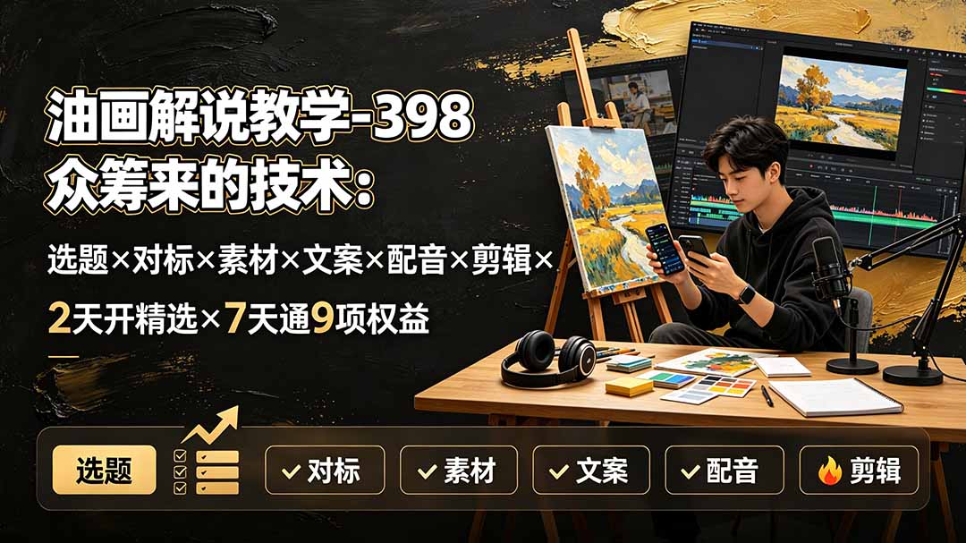ec29cd9e51786d3cac25e2dbb3da5c84.jpeg 油画解说教学-398众筹来的技术:选题×对标×素材×文案×配音×剪辑×2天开精选×7天通9项权益