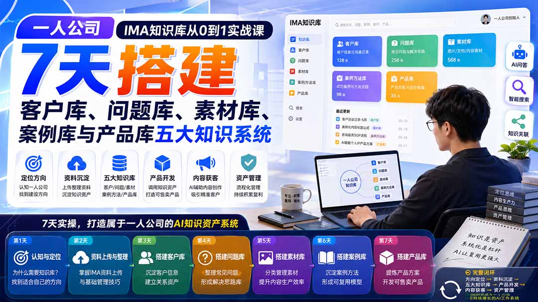 一人公司IMA知识库从0到1实战课：7天搭建客户库、问题库、素材库、案例库与产品库五大知识系统-鼎铸网