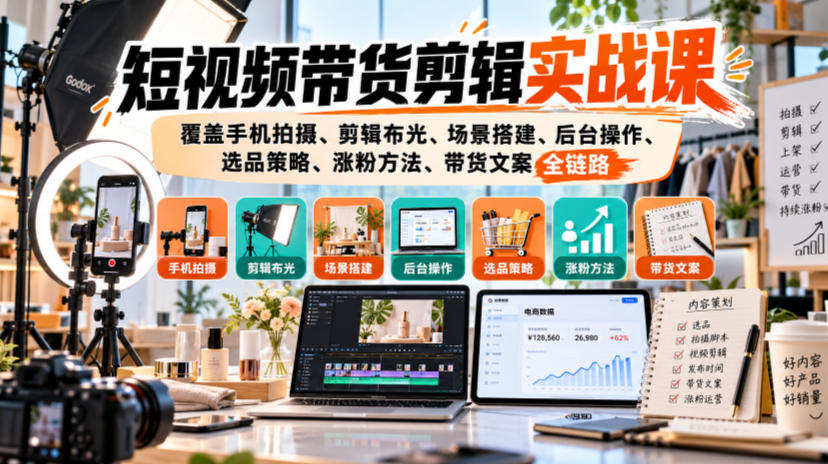 短视频带货剪辑实战课，覆盖手机拍摄、剪辑布光、场景搭建、后台操作、选品策略、涨粉方法、带货文案全链路-鼎铸网