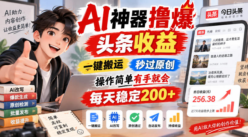 AI神器撸爆头条收益，一键搬运，秒过原创，操作简单有手就会，每天稳定200+【揭秘】-鼎铸网
