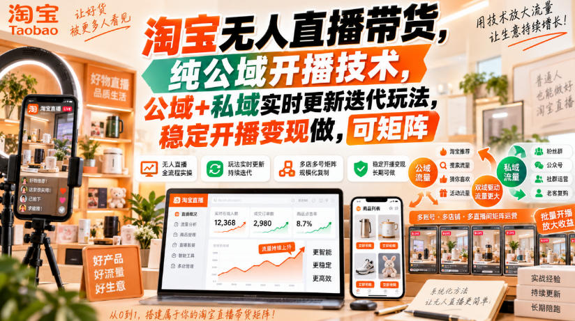 淘宝无人直播带货，纯公域开播技术，公域+私域实时更新迭代玩法，稳定开播变现做，可矩阵【揭秘】-鼎铸网