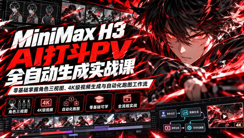 MiniMax H3 AI打斗PV全自动生成实战课：零基础掌握角色三视图、4K级视频生成与自动化跑图工作流-鼎铸网