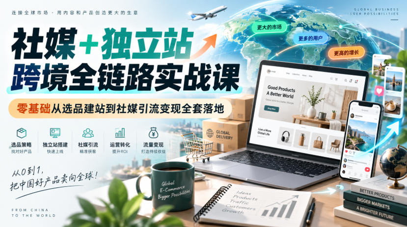 社媒+独立站跨境全链路实战课|零基础从选品建站到社媒引流变现全套落地-鼎铸网