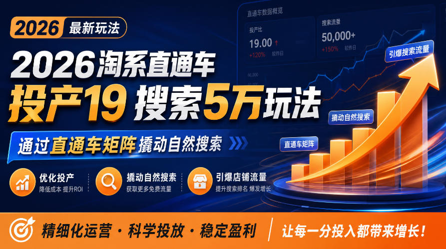 2026淘系直通车投产19搜索5万玩法,通过直通车矩阵撬动自然搜索,帮助商家优化投产,引爆店铺搜索流量-鼎铸网