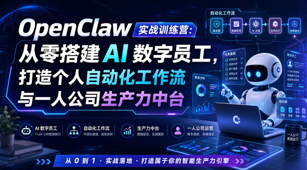 efc6cfcb45ff0b1a3599cb2659ebc100.jpeg OpenClaw实战训练营:从零搭建AI数字员工,打造个人自动化工作流与一人公司生产力中台