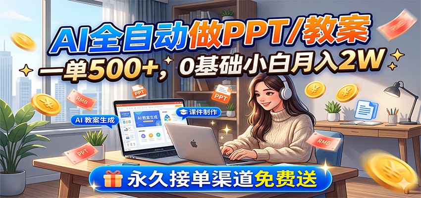 AI全自动做PPT/教案，一单500+，0基础小白月入2W，永久接单渠道免费送-鼎铸网
