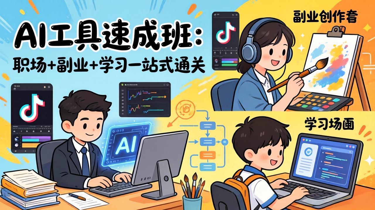 f006976832832679ddefa4db4c77e4a2.jpeg AI工具速成班:职场+副业+学习一站式通关,20+爆款类型+剪映技巧+抖音算法,0基础快速上手