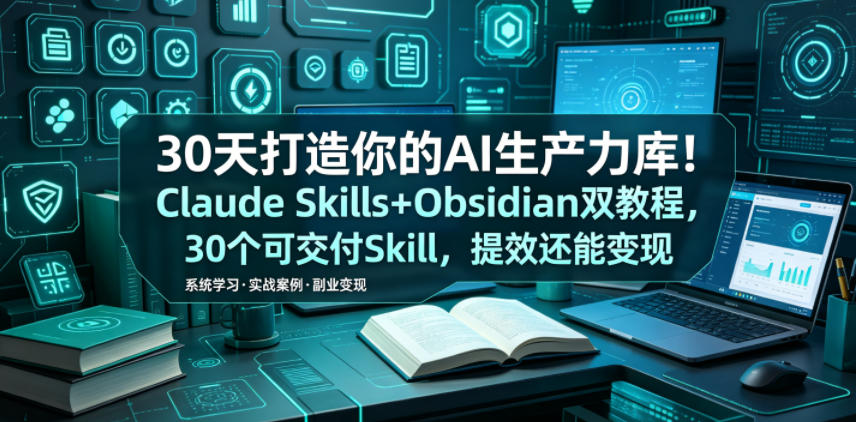 f008e2fb2bd14970b987c15aac3c1f6a.jpeg 30天打造你的AI生产力库!Claude Skills+Obsidian 双教程,30 个可交付 Skill,提效还能变现