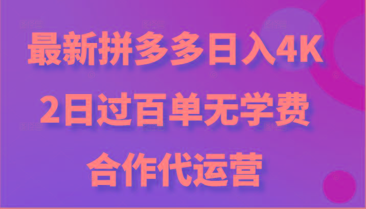最新拼多多，日入4K+，2日过百单无学费，合作代运营-鼎铸网