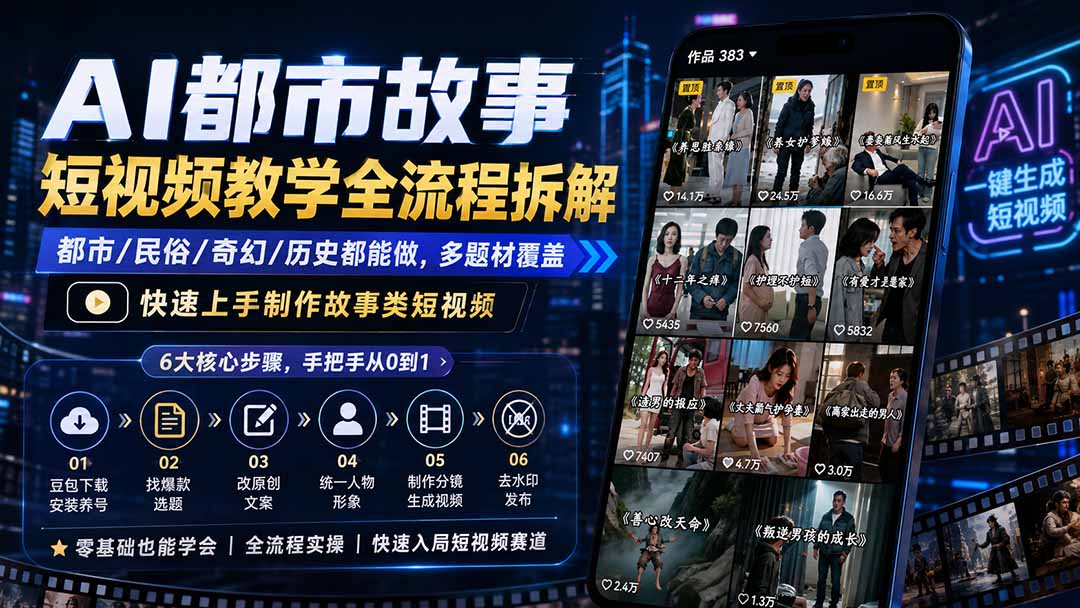 f0c39d4e66890e8cad2c92e4cdce62cd.jpeg AI都市故事短视频教学全流程拆解;都市/民俗/奇幻/历史都能做多题材覆盖,快速上手制作故事类短视频