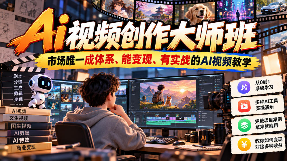 Ai视频创作大师班，市场唯一成体系、能变现、有实战的AI视频教学(更新2026)-鼎铸网
