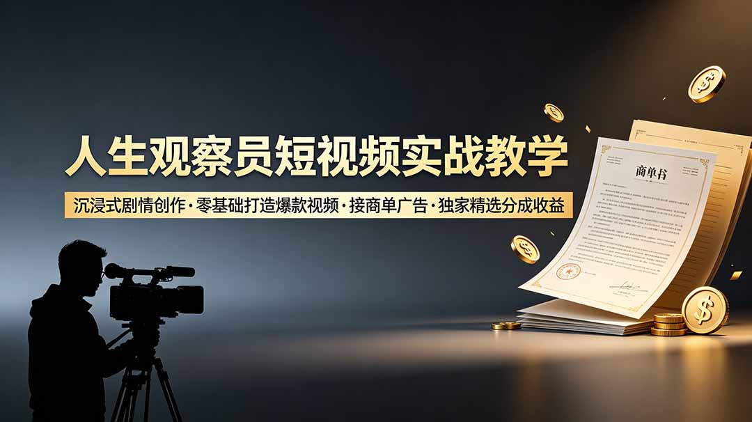 人生观察员短视频实战教学，沉浸式剧情创作，零基础打造爆款视频，接商单广告，独家精选分成收益-鼎铸网