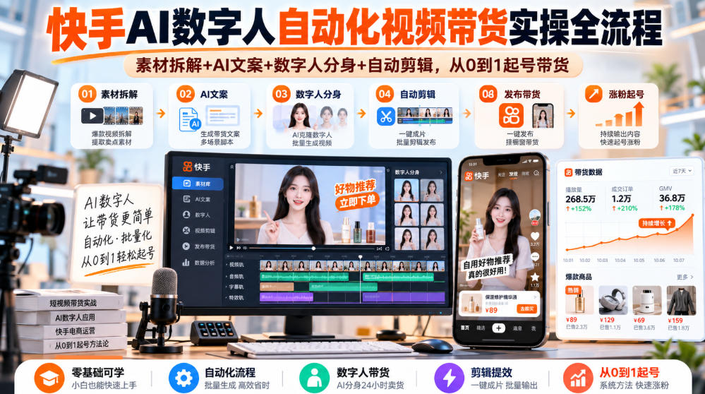 快手AI数字人自动化视频带货实操全流程｜素材拆解+AI文案+数字人分身+自动剪辑，从0到1起号带货(更新26年)-鼎铸网