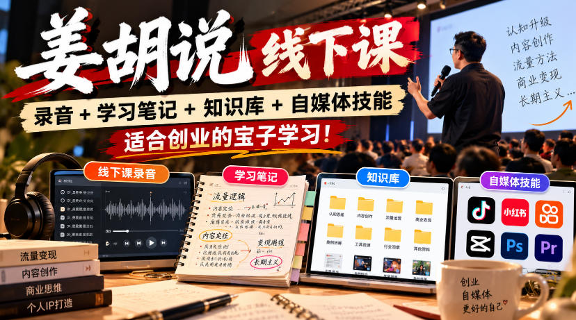 姜胡说线下课录音＋学习笔记＋知识库＋自媒体技能，​适合创业的宝子学习！-鼎铸网