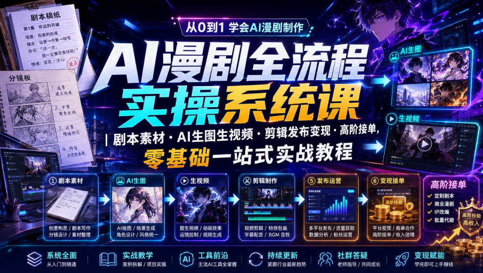 f32db7ed6d6ec5f72cab90d36d8d7500.jpeg AI漫剧全流程实操系统课|剧本素材・AI生图生视频・剪辑发布变现・高阶接单,零基础一站式实战教程